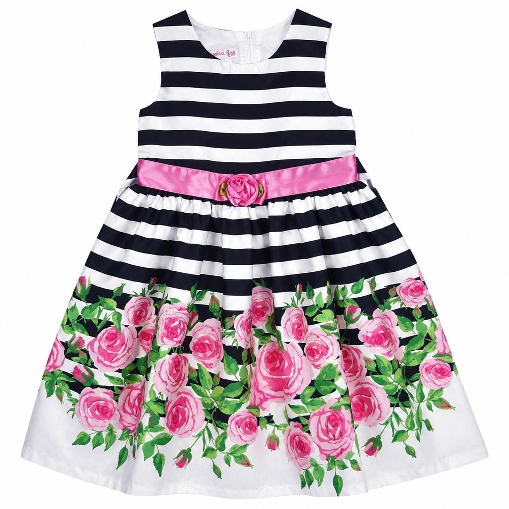 Jessica Ann Girls Dress Size 6X Black White Striped Pink Roses Floral Party